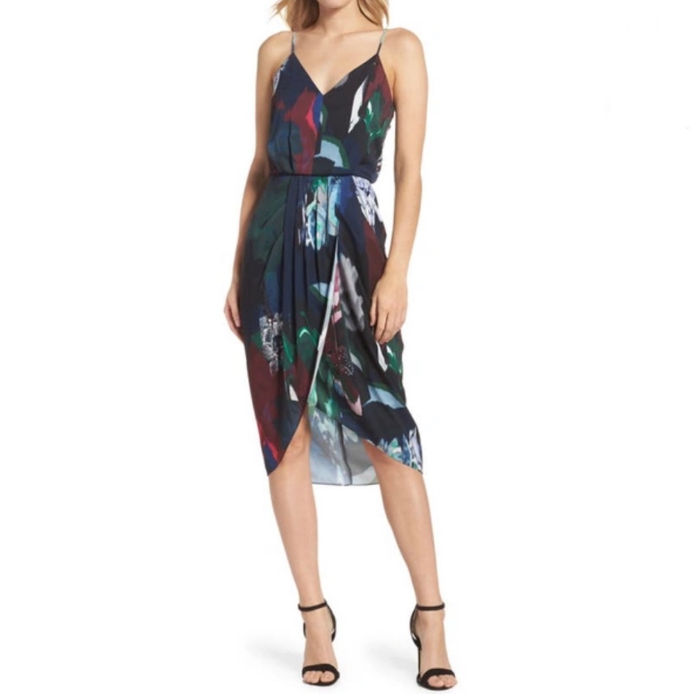 Chelsea28 Print Faux Wrap Dress In Navy Mixed Floral Size 8